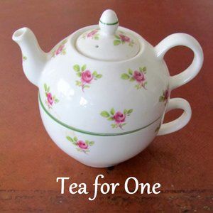 TEA FOR ONE, LANE END POTTERY TEAPOT w CUP UNDERNEATH, PINK ROSES, ENGLAND